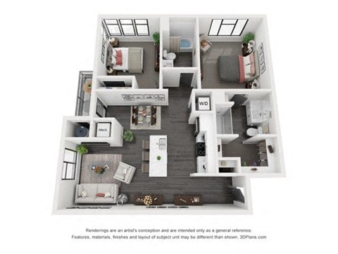 Floor plan for 2 beds, 2 baths, 1024 sqft